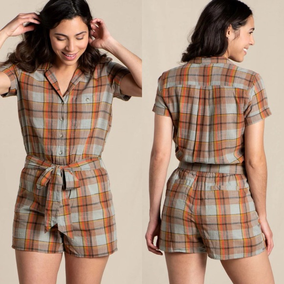 Toad&Co Pants - Toad & Co CAMP COVE ROMPER in plaid pale slate color organic cotton small